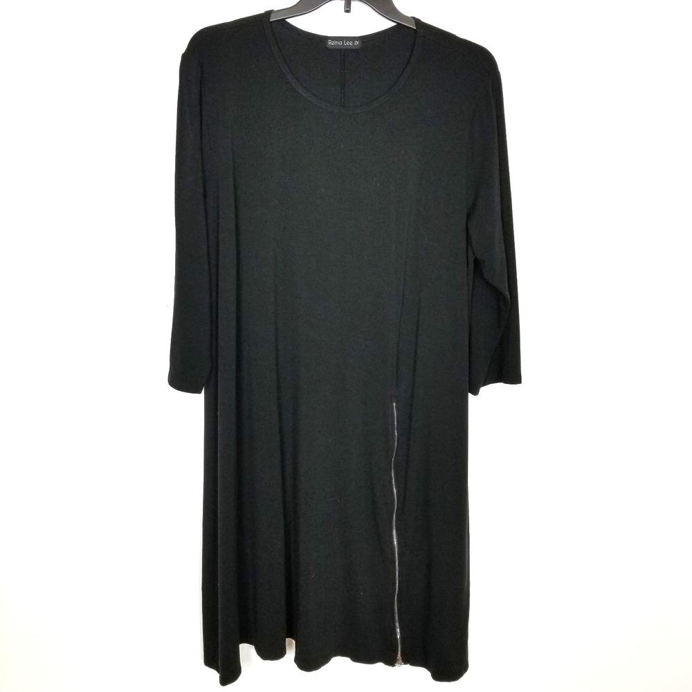 Reina Lee Women Lagenlook Tunic Dress Sz 2X Black Zip Hem Comfrt Travel‎ Stretch
